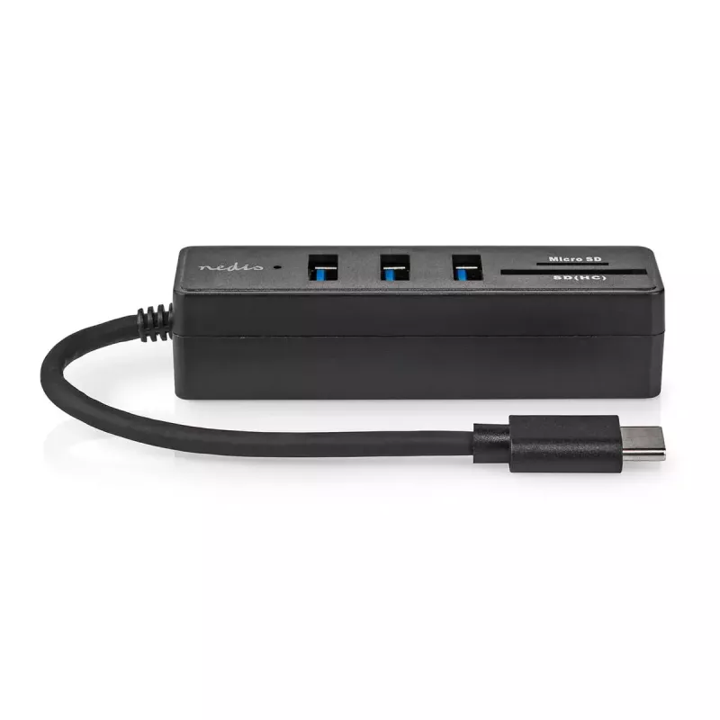 Nedis CCGB64250BK01 USB-C centrmezgls — 3× USB-A 3.2 Gen 1 + SD/MicroSD karšu lasītājs, 5 Gbit/s