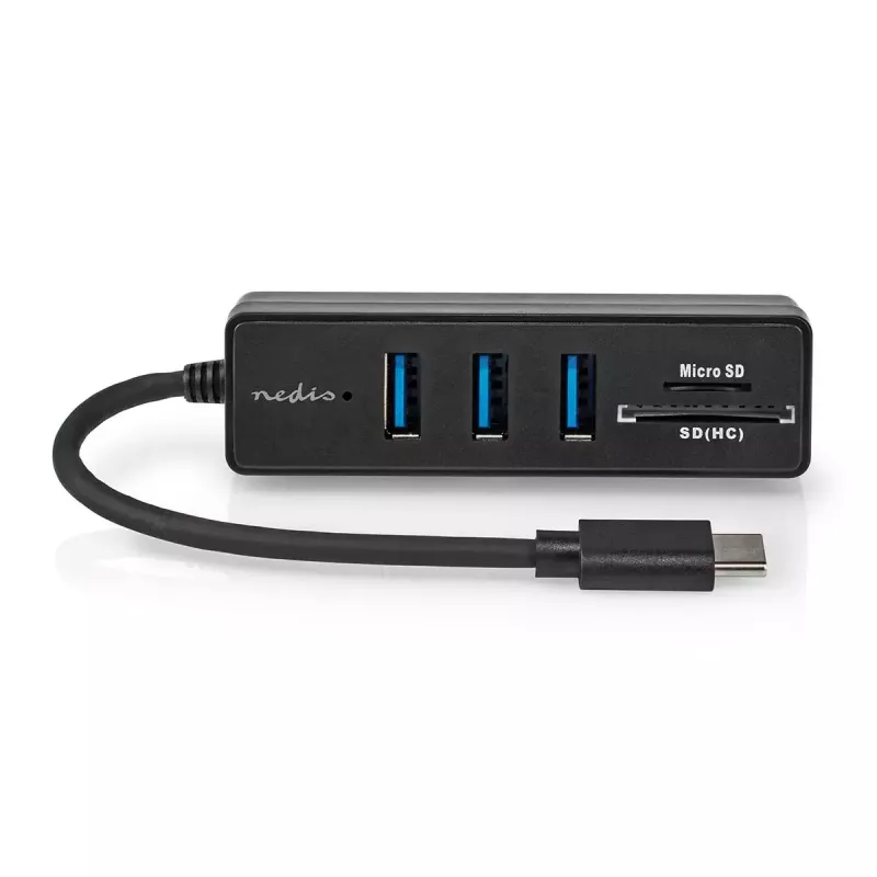 Nedis CCGB64250BK01 USB-C centrmezgls — 3× USB-A 3.2 Gen 1 + SD/MicroSD karšu lasītājs, 5 Gbit/s