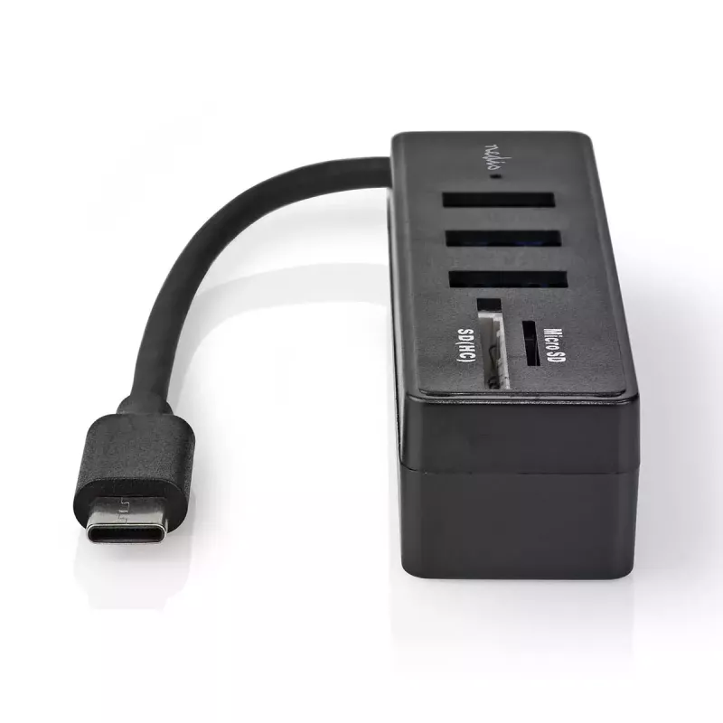 Nedis CCGB64250BK01 USB-C centrmezgls — 3× USB-A 3.2 Gen 1 + SD/MicroSD karšu lasītājs, 5 Gbit/s