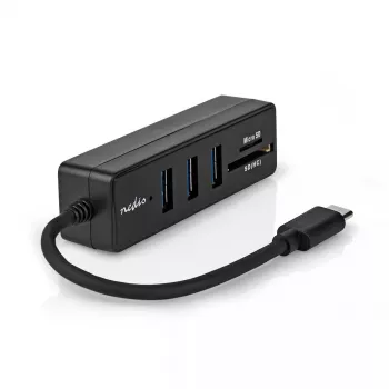 Nedis CCGB64250BK01 USB-C centrmezgls — 3× USB-A 3.2 Gen 1 + SD/MicroSD karšu lasītājs, 5 Gbit/s