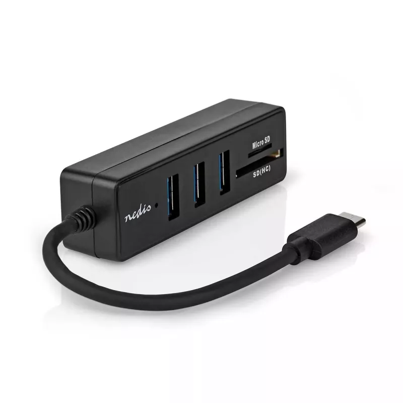 Nedis CCGB64250BK01 USB-C centrmezgls — 3× USB-A 3.2 Gen 1 + SD/MicroSD karšu lasītājs, 5 Gbit/s