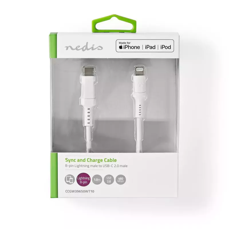 Nedis CCGW39650WT10 Lightning kabelis 1 m balts USB-C