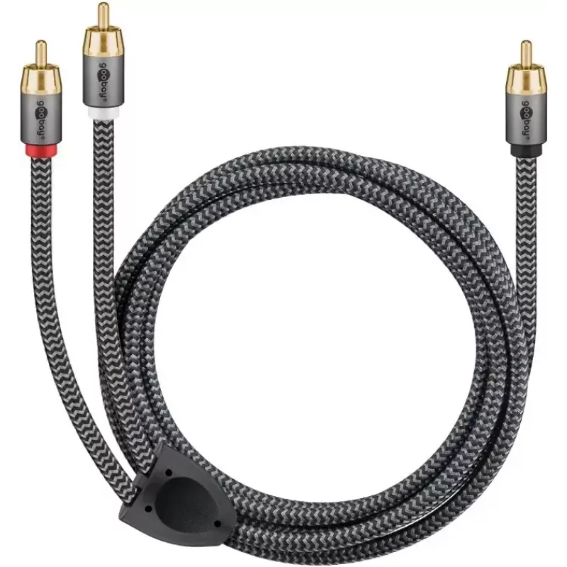 Audio kabelis WENTRONIC Goobay 65300 — 2 m, 2×RCA (tēviņš) uz RCA (tēviņš), varš, pozeltēti kontakti, magnētiski ekranēts
