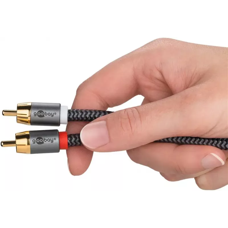 Audio kabelis WENTRONIC Goobay 65300 — 2 m, 2×RCA (tēviņš) uz RCA (tēviņš), varš, pozeltēti kontakti, magnētiski ekranēts