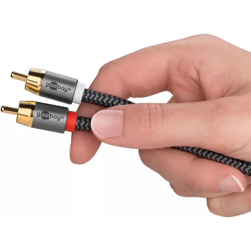 Audio kabelis WENTRONIC Goobay 65300 — 2 m, 2×RCA (tēviņš) uz RCA (tēviņš), varš, pozeltēti kontakti, magnētiski ekranēts