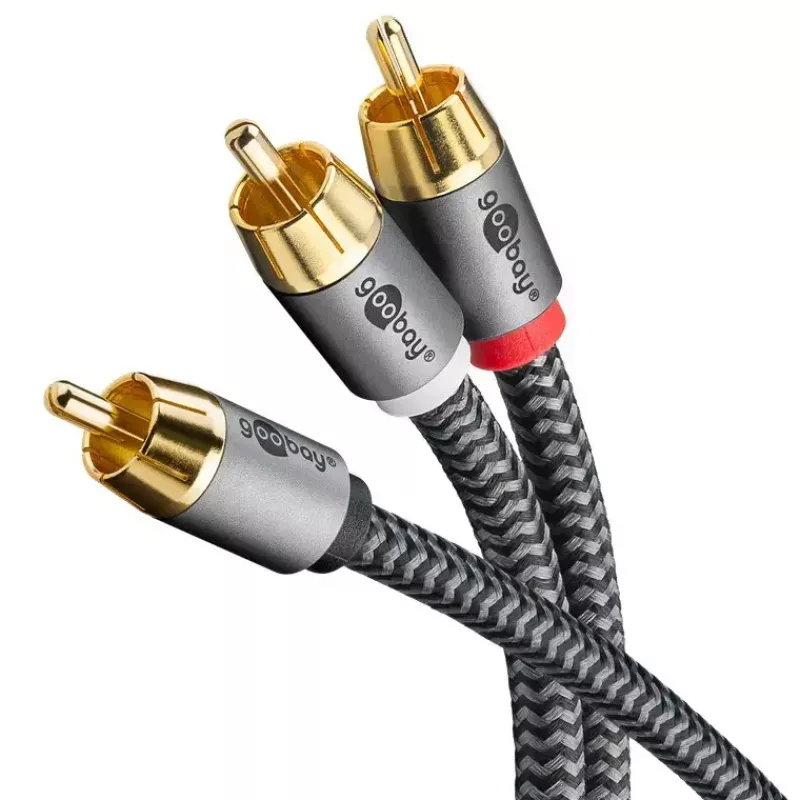Audio kabelis WENTRONIC Goobay 65300 — 2 m, 2×RCA (tēviņš) uz RCA (tēviņš), varš, pozeltēti kontakti, magnētiski ekranēts