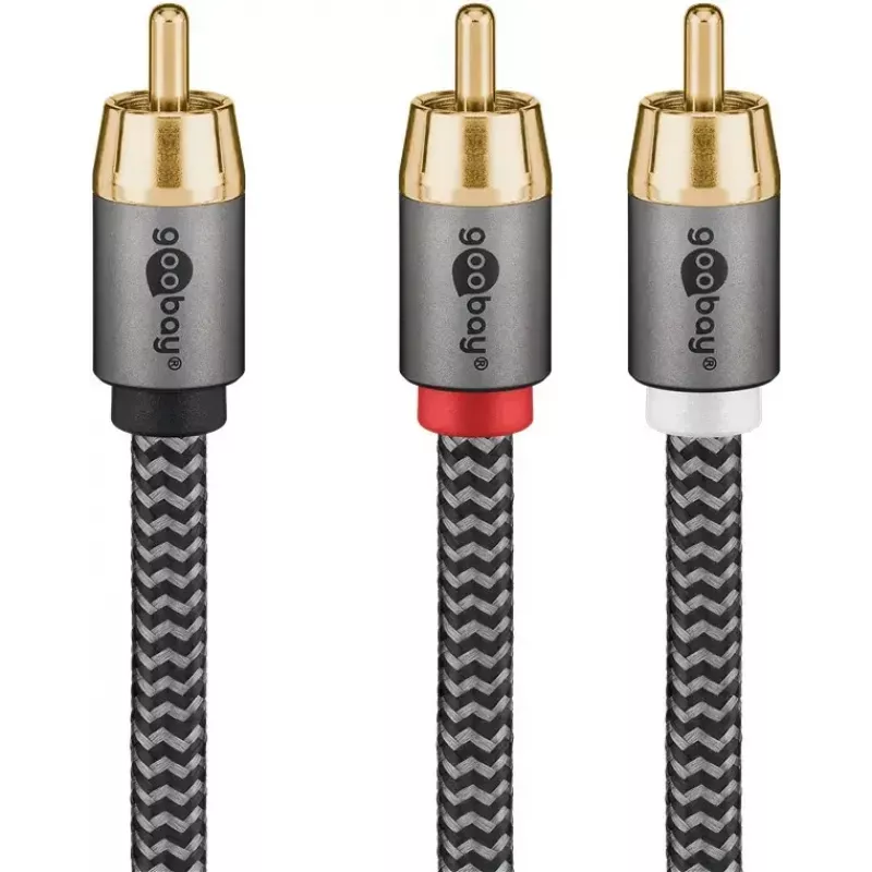 Audio kabelis WENTRONIC Goobay 65300 — 2 m, 2×RCA (tēviņš) uz RCA (tēviņš), varš, pozeltēti kontakti, magnētiski ekranēts