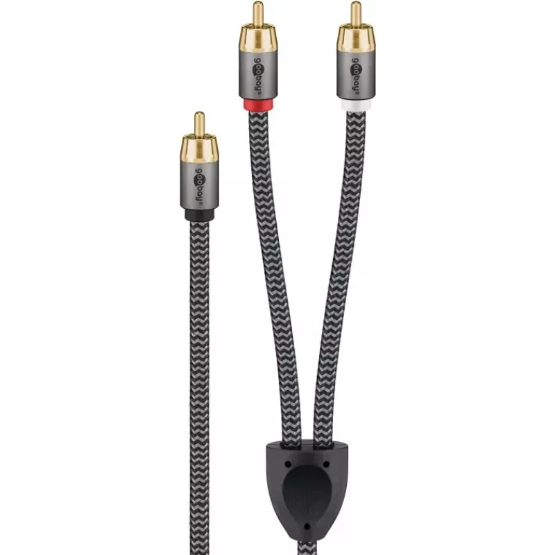 Audio kabelis WENTRONIC Goobay 65300 — 2 m, 2×RCA (tēviņš) uz RCA (tēviņš), varš, pozeltēti kontakti, magnētiski ekranēts