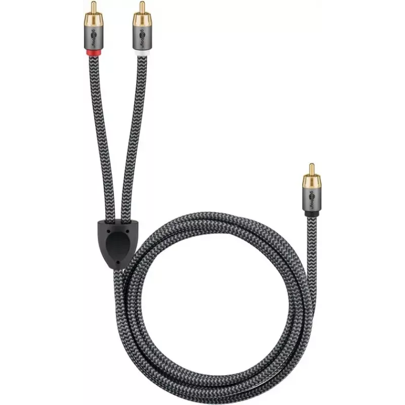 Audio kabelis WENTRONIC Goobay 65300 — 2 m, 2×RCA (tēviņš) uz RCA (tēviņš), varš, pozeltēti kontakti, magnētiski ekranēts