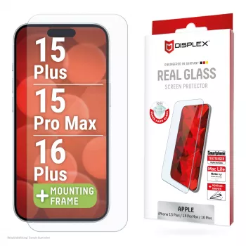 Displex Displeja aizsargstikls (10H) Apple iPhone 15 Plus/15 Pro Max/16 Plus, Eco Montāžas Rāmis, izturīgs pret skrāpējumiem