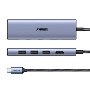 USB Type-C centrmezgls UGREEN 20956A ar HDMI un USB 3.0, 5 Gbps, 4K 3840x2160, Sudraba