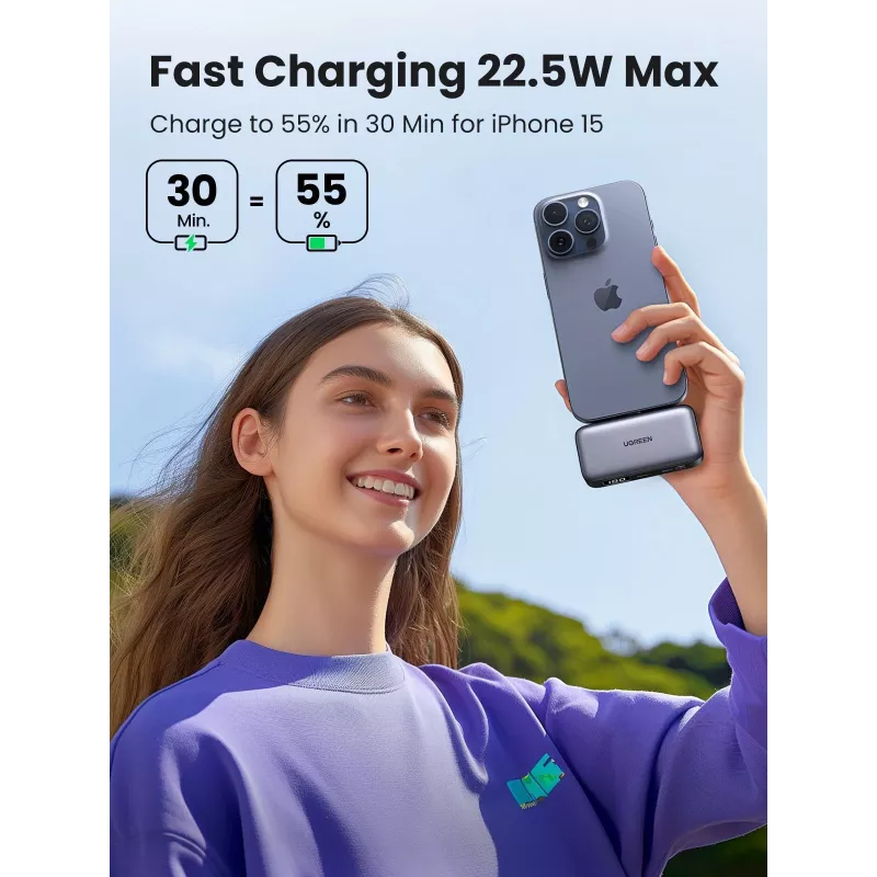 Power bank UGREEN 35338, 5000 mAh, pelēks, portatīvais akumulators viedtālrunim, vienas ierīces izvade