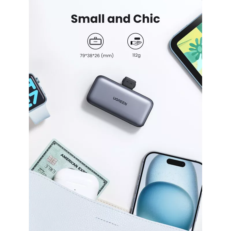 Power bank UGREEN 35338, 5000 mAh, pelēks, portatīvais akumulators viedtālrunim, vienas ierīces izvade