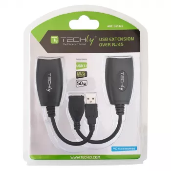 Techly IUSB-EXTENDTY5 USB pagarinātājs pa Cat.5e/6 kabeli līdz 50 m, USB Type-A – RJ-45, USB 1.1, nav vajadzīgs barošanas bloks, melnā krāsā