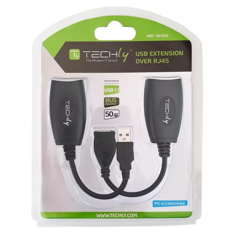 Techly IUSB-EXTENDTY5 USB signāla pagarinātājs pa tīkla kabeli Cat.5e/6 līdz 50 m, USB uz RJ-45, melns