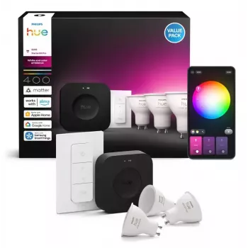 Philips Hue White and colour ambience Starta komplekts: 3 GU10 spuldzes + Dimmer slēdzis + Bridge Pro