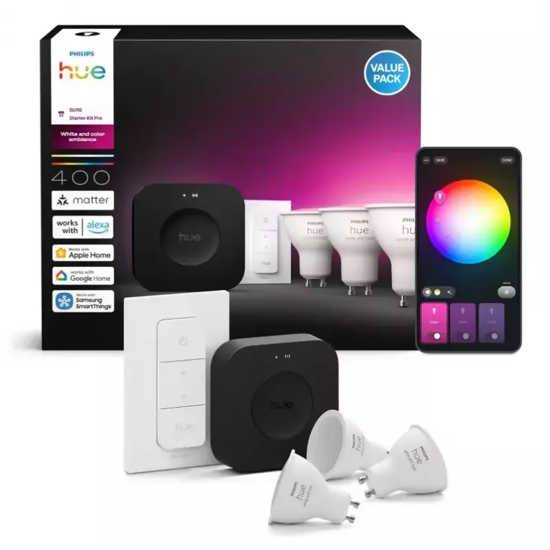 Philips Hue White and colour ambience Starta komplekts: 3 GU10 spuldzes + Dimmer slēdzis + Bridge Pro