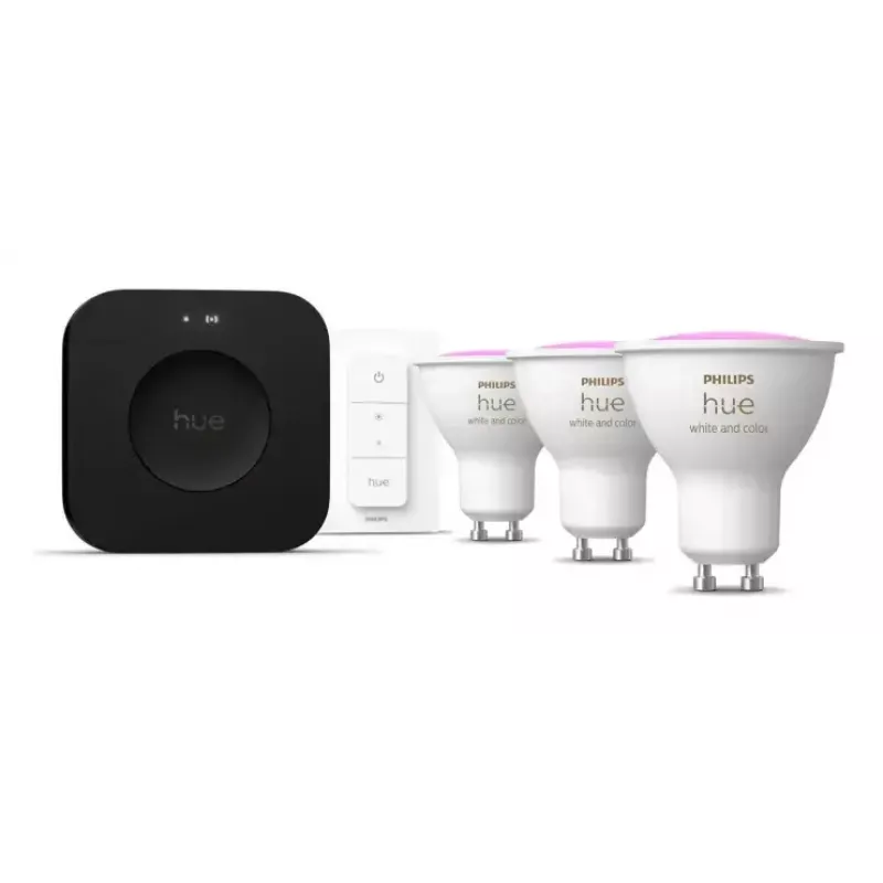Philips Hue White and colour ambience Starta komplekts: 3 GU10 spuldzes + Dimmer slēdzis + Bridge Pro