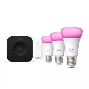 Philips Hue White and Colour Ambience Starter komplekts — 3 E27 viedās spuldzes, Dimmer slēdzis, Bridge Pro, Bluetooth/Zigbee