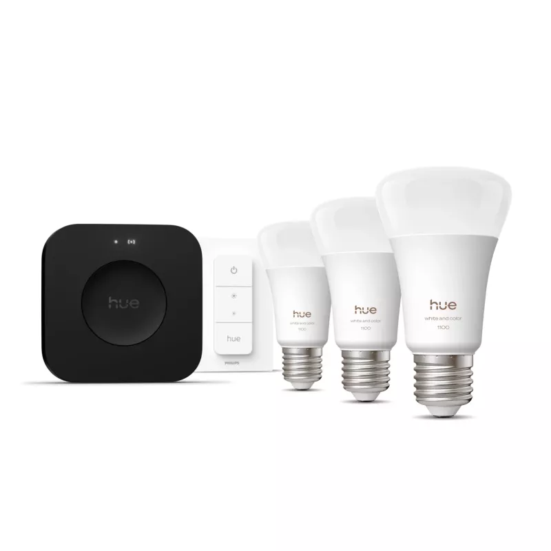 Philips Hue White and Colour Ambience Starter komplekts — 3 E27 viedās spuldzes, Dimmer slēdzis, Bridge Pro, Bluetooth/Zigbee