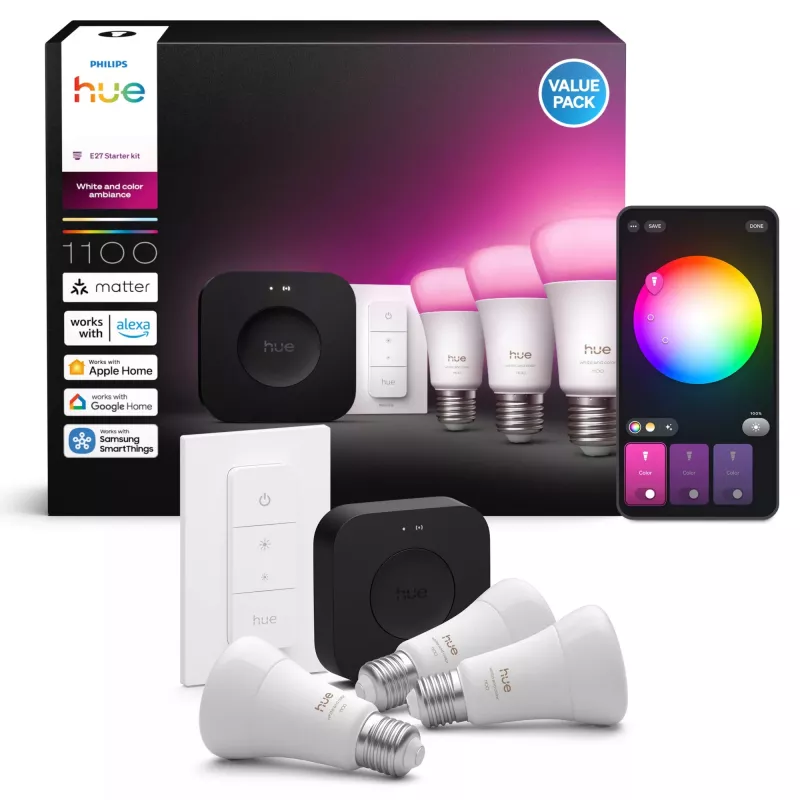 Philips Hue White and Colour Ambience Starter komplekts — 3 E27 viedās spuldzes, Dimmer slēdzis, Bridge Pro, Bluetooth/Zigbee