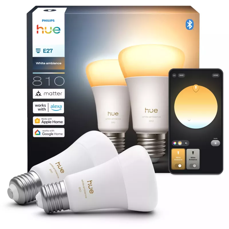 Philips A60 E27 viedā spuldze — Bluetooth/Zigbee, 6 W, 810 lm, balta, 2 iepakojumā