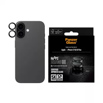 Kameras objektīva aizsargs PanzerGlass Hoops Ceramic II iPhone 17/16/16 Plus — skrāpējumiem un triecieniem izturīgs