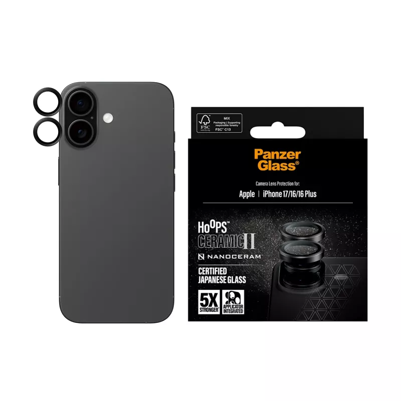 Kameras objektīva aizsargs PanzerGlass Hoops Ceramic II iPhone 17/16/16 Plus — skrāpējumiem un triecieniem izturīgs