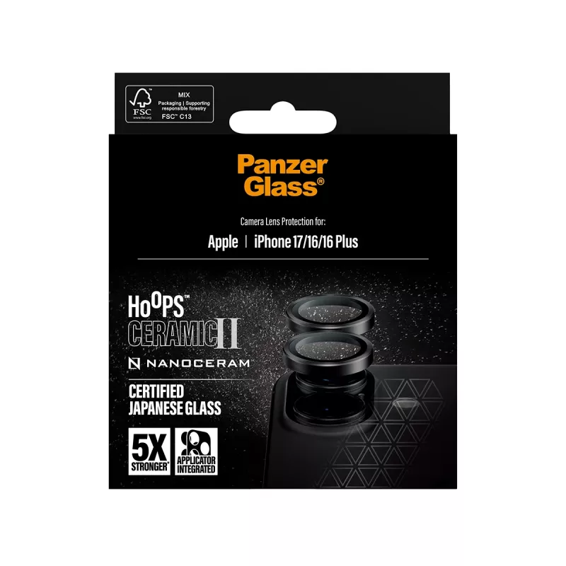 Kameras objektīva aizsargs PanzerGlass Hoops Ceramic II iPhone 17/16/16 Plus — skrāpējumiem un triecieniem izturīgs