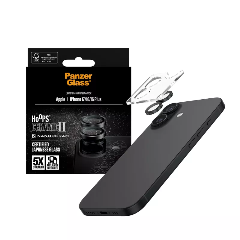 Kameras objektīva aizsargs PanzerGlass Hoops Ceramic II iPhone 17/16/16 Plus — skrāpējumiem un triecieniem izturīgs