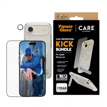 Aizsardzības komplekts PanzerGlass CARE 3-in-1 Feature Kick iPhone Air — rūdīts stikls, PET, silikons, caurspīdīgs