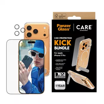 Aizsargmaciņš PanzerGlass CARE Feature Kick 3w1 iPhone 17 Pro ar stikla objektīva aizsargu