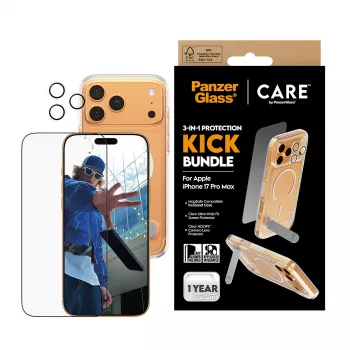 PanzerGlass CARE 3-in-1 Feature Kick aizsargstikls un maciņš iPhone 17 Pro Max — rūdīts stikls, PET, silikons, caurspīdīgs