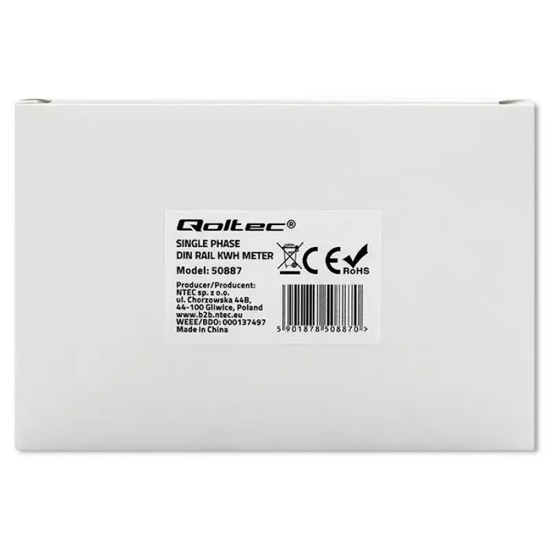 Vienfāzes elektroenerģijas skaitītājs QOLTEC 50887 1-fāze 230V LCD Slim