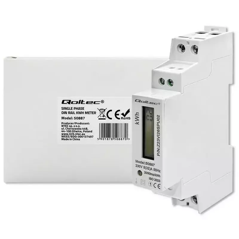 Vienfāzes elektroenerģijas skaitītājs QOLTEC 50887 1-fāze 230V LCD Slim