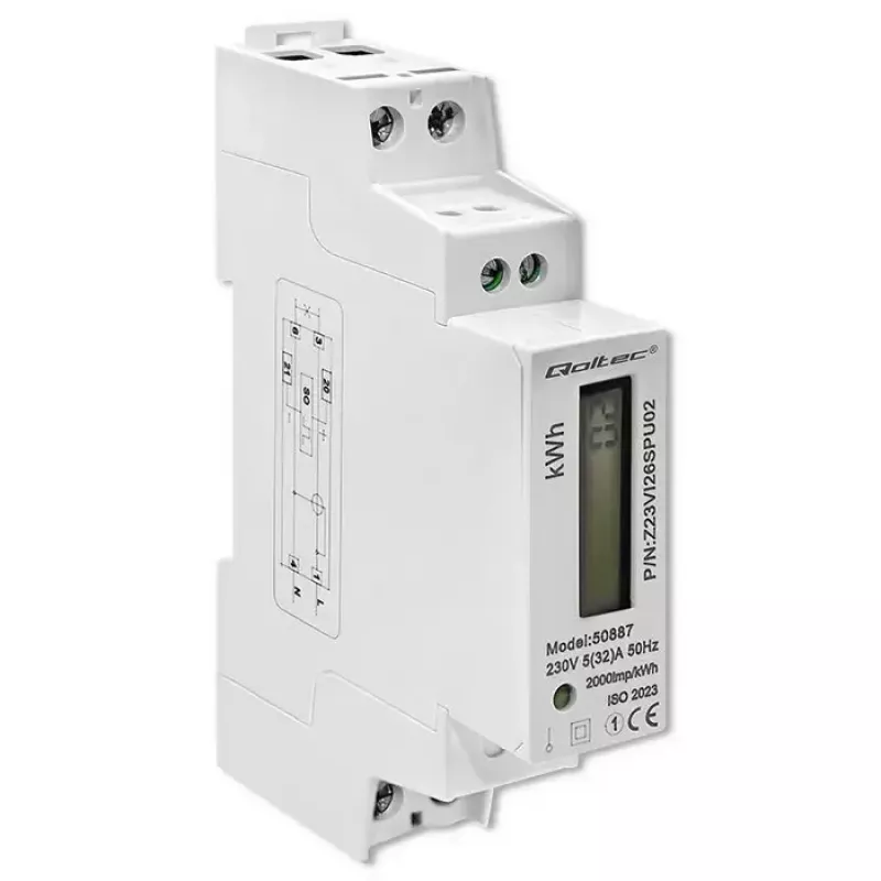 Vienfāzes elektroenerģijas skaitītājs QOLTEC 50887 1-fāze 230V LCD Slim