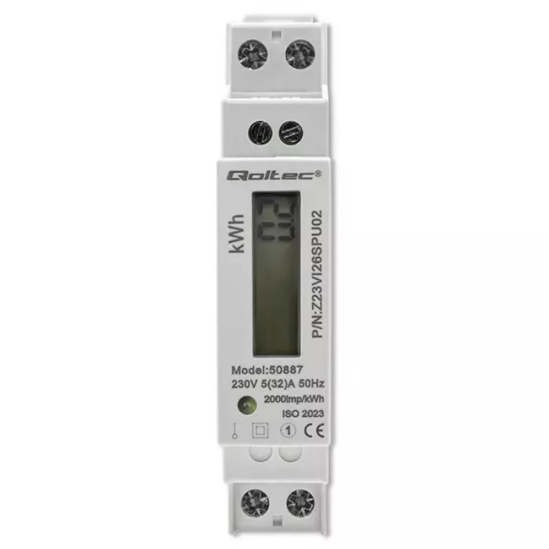 Vienfāzes elektroenerģijas skaitītājs QOLTEC 50887 1-fāze 230V LCD Slim
