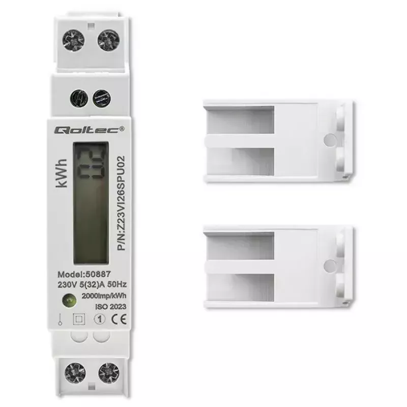 Vienfāzes elektroenerģijas skaitītājs QOLTEC 50887 1-fāze 230V LCD Slim