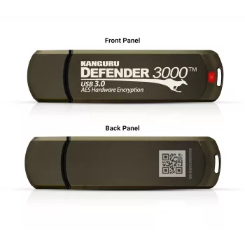 Kanguru Defender 3000™ SuperSpeed USB 3.0 32 GB drošā zibatmiņa | FIPS 140-3 Level 3 gaida, FIPS 140-2 Level 3 sertificēta | AES-XTS 256 bitu aparatūras šifrēšana | TAA atbilstoša