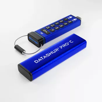 iStorage datAshur PRO+C 128GB – FIPS 140-3 Level 3 sertificēts USB-C zibatmiņš ar AES-XTS 256 bitu aparatūras šifrēšanu un PIN aizsardzību