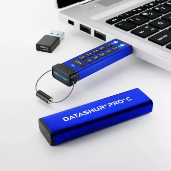 iStorage datAshur PRO+C 128GB – FIPS 140-3 Level 3 sertificēts USB-C zibatmiņš ar AES-XTS 256 bitu aparatūras šifrēšanu un PIN aizsardzību
