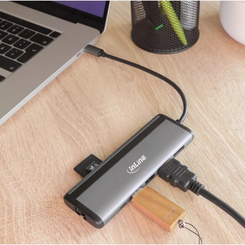 InLine 8-in-1 USB-C daudzfunkciju centrs, HDMI, DP, USB 3.2, PD 3.0 100W, MST