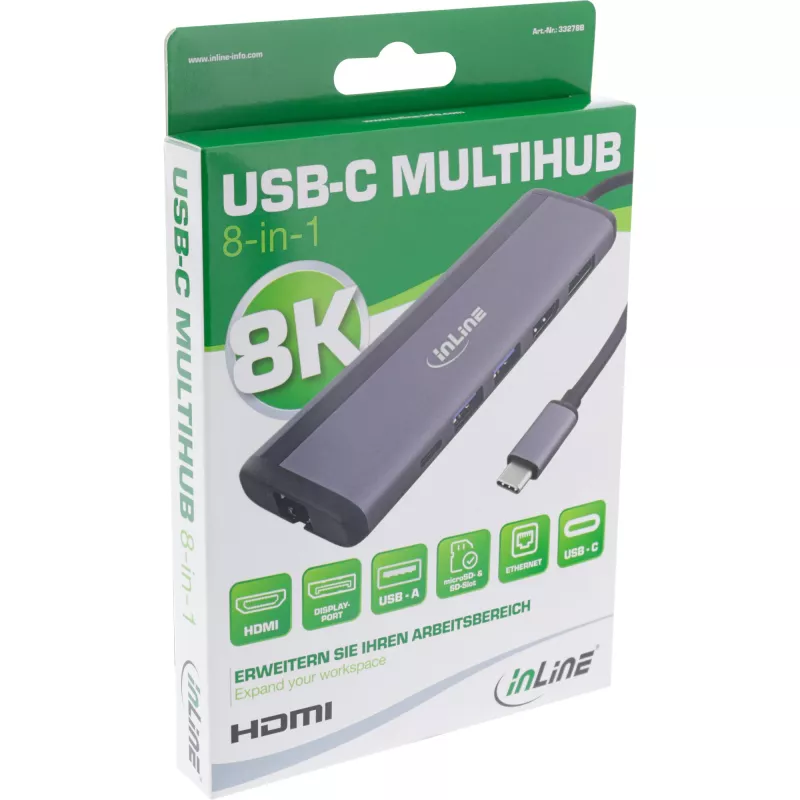 InLine 8-in-1 USB-C daudzfunkciju centrs, HDMI, DP, USB 3.2, PD 3.0 100W, MST