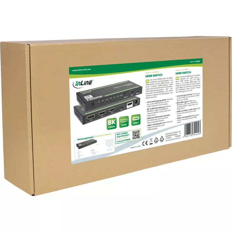InLine 57885B HDMI pārslēgs 4 portu, 48 Gb/s, 8K@60Hz, ar USB-C, melnā krāsā