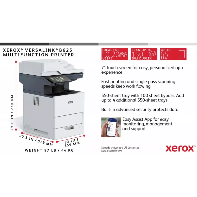 Xerox VersaLink B625 A4 61ppm Duplex Drukāt/Kopēt/Skenēt/Fakss PS3 PCL5e/6 2 Paplātes 650 Lapas