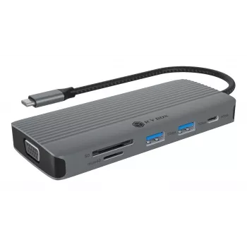 Docking stacija ICY BOX IB-DK4040a-CPD — 10-in-1 USB-C, HDMI 4K60Hz, VGA, 3×USB-A, Gigabit LAN, PD 100W, SD/MicroSD, Alumīnijs