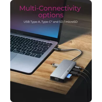 Docking stacija ICY BOX IB-DK4040a-CPD — 10-in-1 USB-C, HDMI 4K60Hz, VGA, 3×USB-A, Gigabit LAN, PD 100W, SD/MicroSD, Alumīnijs
