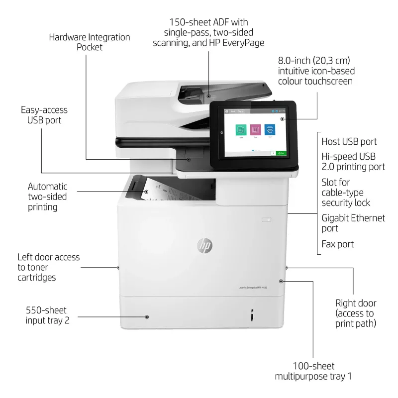 HP LaserJet Enterprise MFP M635h, lāzera, melnbalta druka, 1200 x 1200 DPI, melnbalta kopēšana, A4, melna, balta