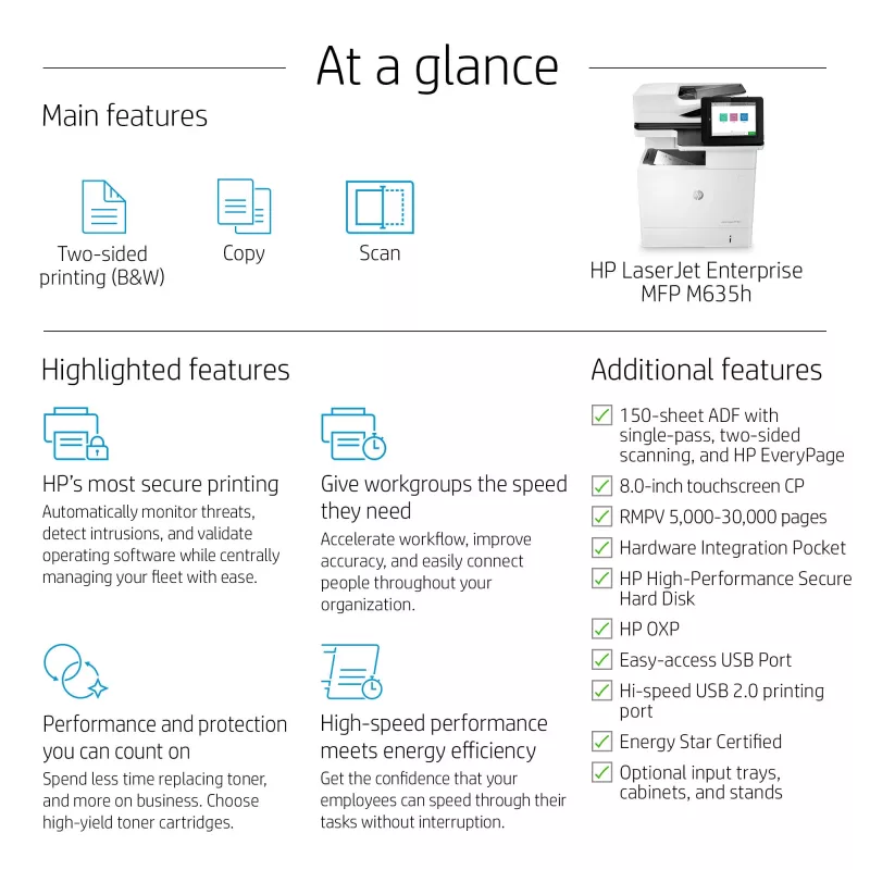 HP LaserJet Enterprise MFP M635h, lāzera, melnbalta druka, 1200 x 1200 DPI, melnbalta kopēšana, A4, melna, balta