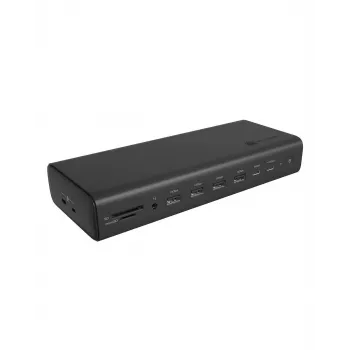 ICY BOX DockingStation 17-in-1, seši video izvadi, vadu, USB 3.2 Gen 2 (3.1 Gen 2) Type-C, 140 W, 3.5 mm, 10/100/1000/2500 Mbit/s, Melns